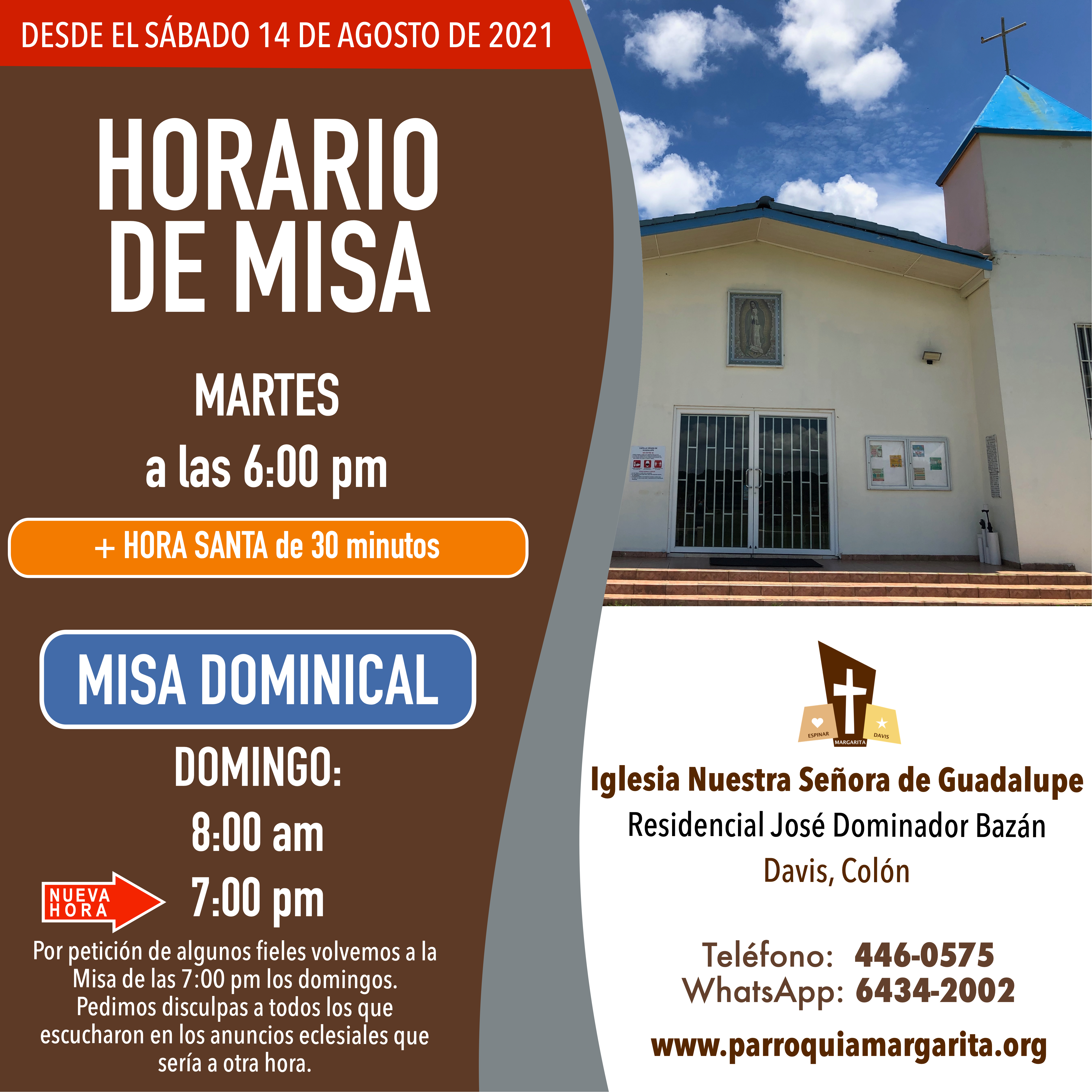 Horario de Misa en la Iglesia de Guadalupe en Davis - Parroquia Sagrada  Familia - Margarita