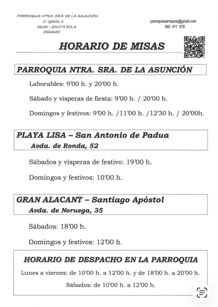 HORARIOS MISA PARROQUIA