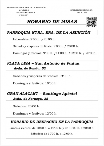 HORARIOS MISA PARROQUIA