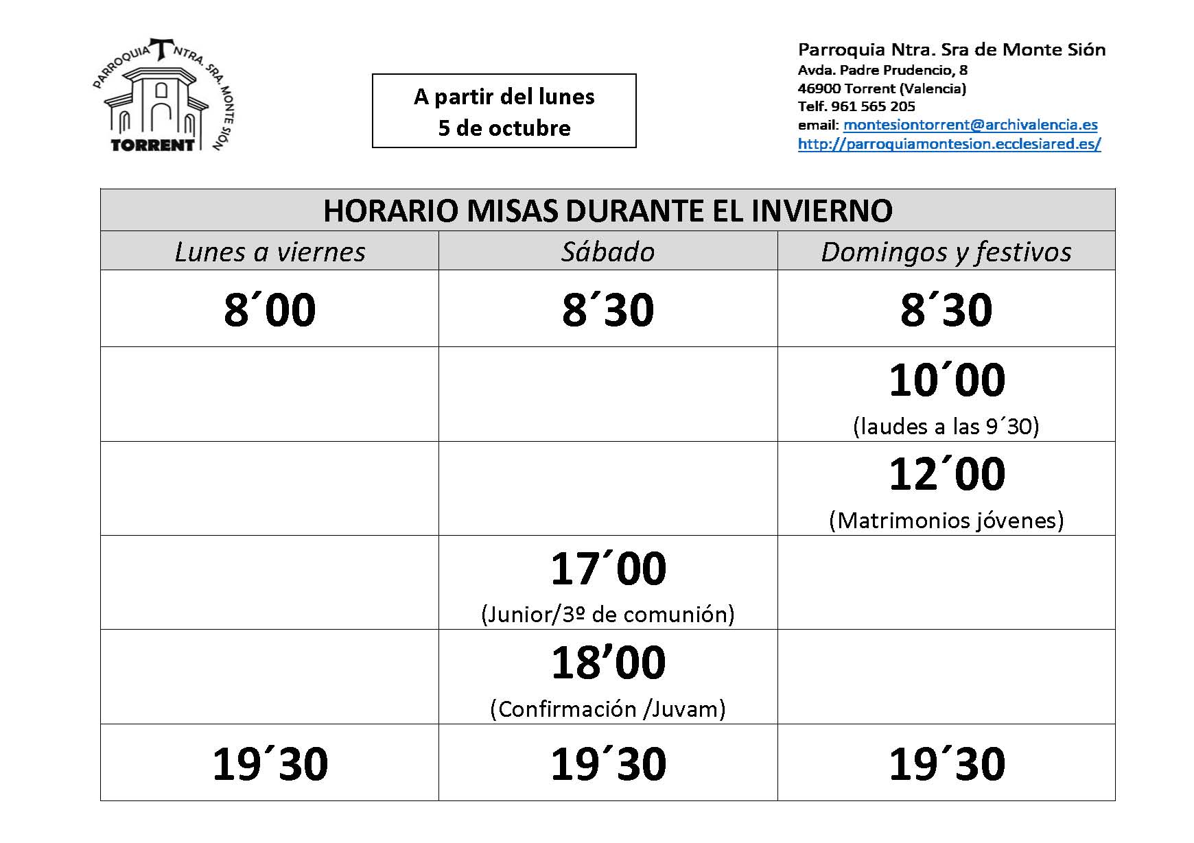 Horario de misas de invierno