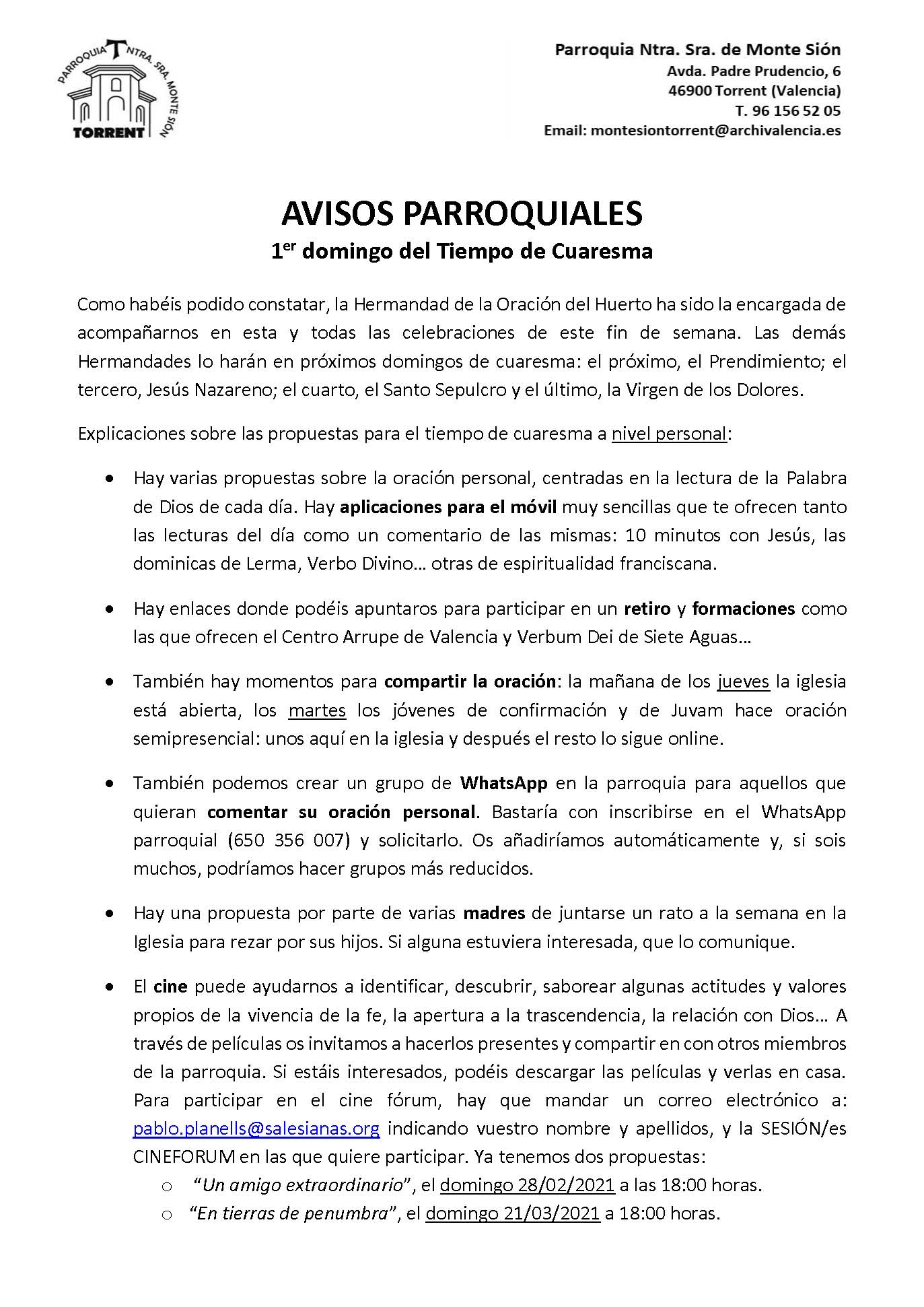 Avisos parroquiales. 1er domingo de Cuaresma