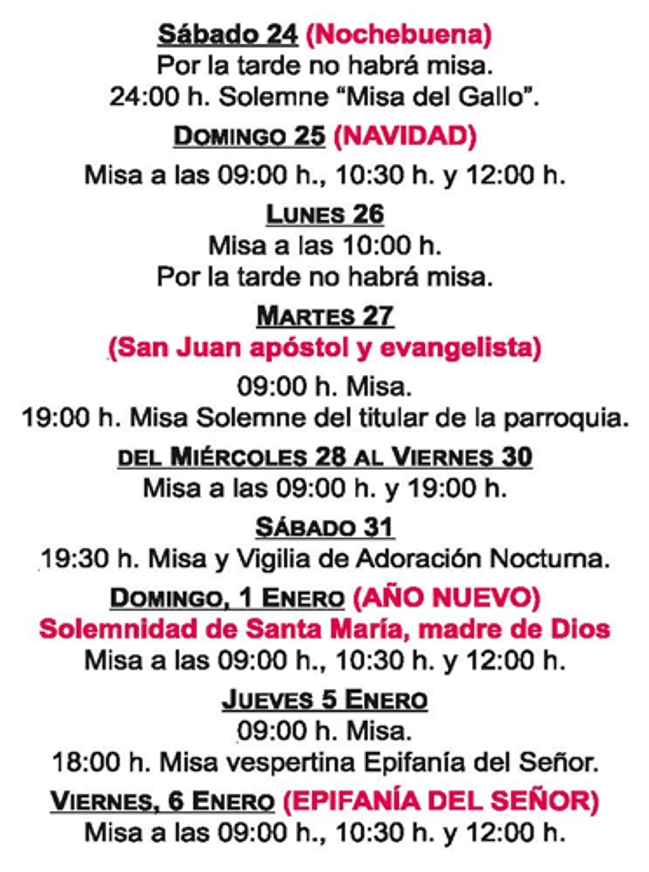 HORARIO MISAS NAVIDAD Y AO NUEVO