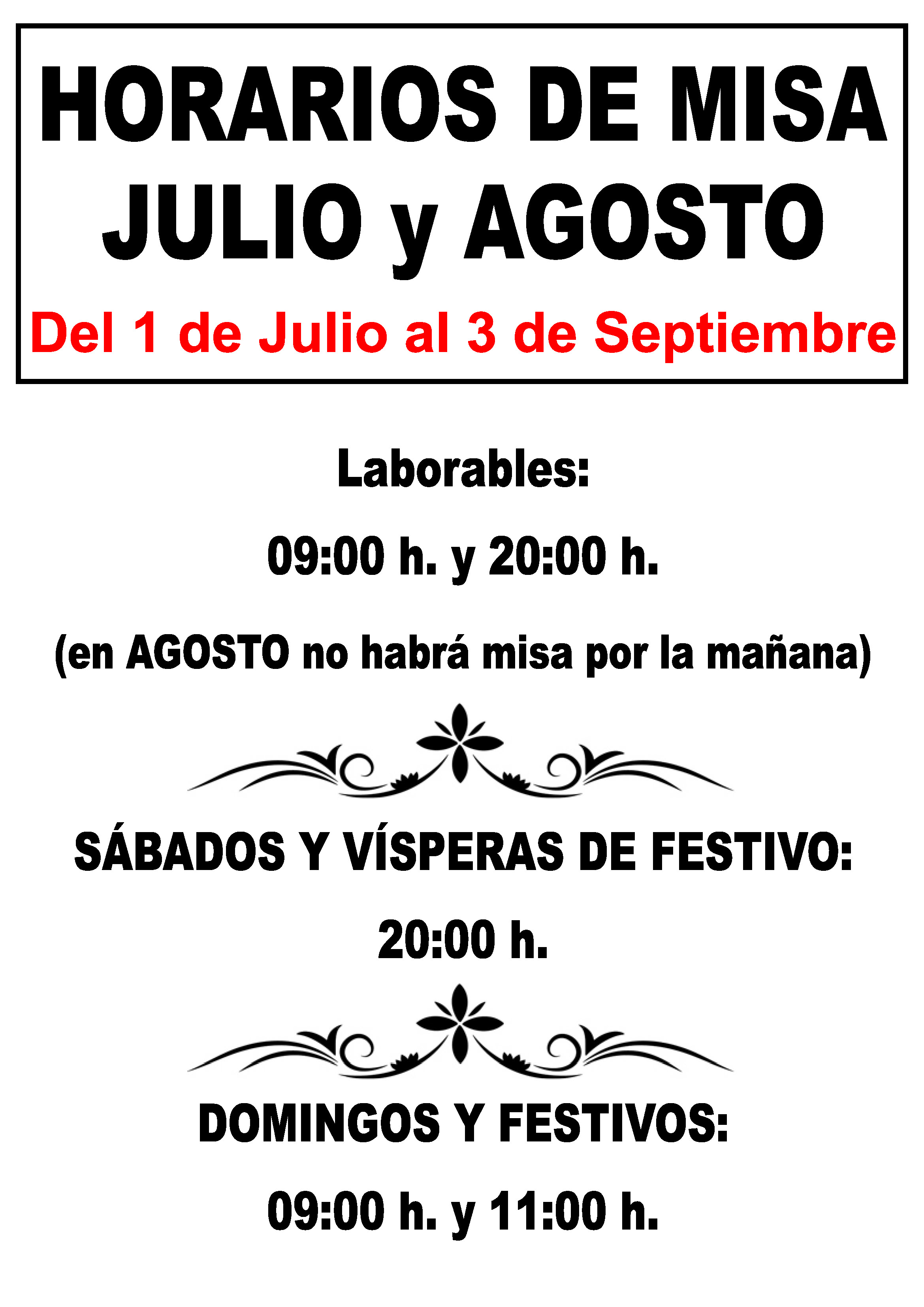 Horarios Misas Julio y Agosto