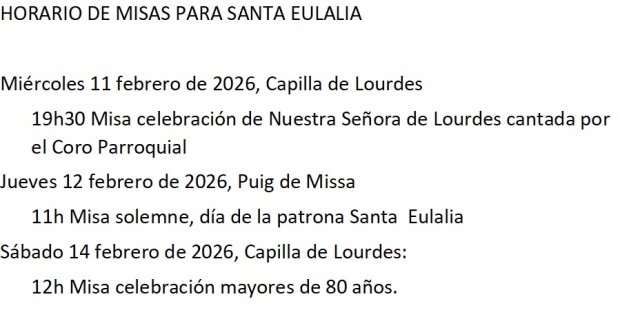 HORARIO DE MISAS PARA SANTA EULALIA 2026
