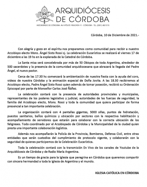 MISA DE ORDENACIN EPISCOPAL Y TOMA DE POSESIN DEL NUEVO ARZOBISPO DE CRDOBA MONS. NGEL ROSSI