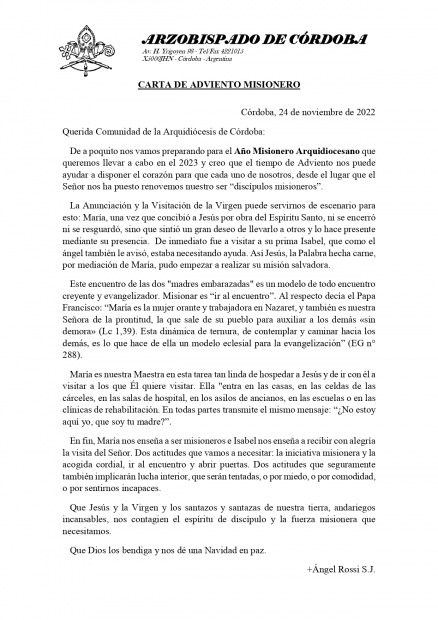 Carta de Monseor Rossi para este Adviento