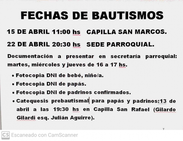 Fechas para bautismos en abril