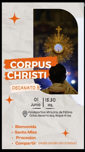 Sbado 1 de junio, da de CORPUS CHRISTI, nica misa en el Polideportivo de Ftima