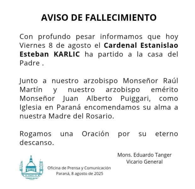 Falleci ayer el Cardenal Karlic