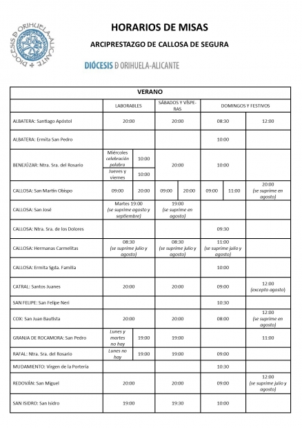 horario de misas del arciprestazgo