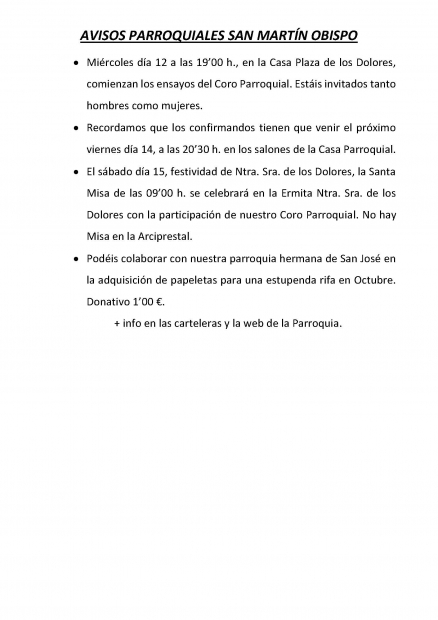 AVISOS PARROQUIA SAN MARTIN 10-16 SEPTIEMBRE