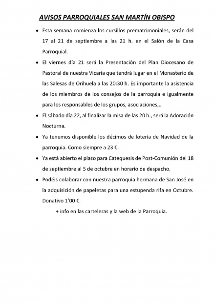 AVISOS PARROQUIA SAN MARTIN 17-23 SEPTIEMBRE