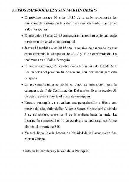 AVISOS PARROQUIA SAN MARTIN 15-21 OCTUBRE