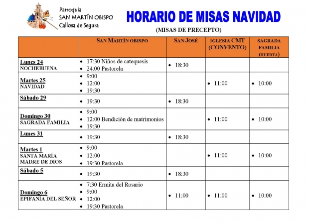 Horario de misas en el Tiempo de Navidad