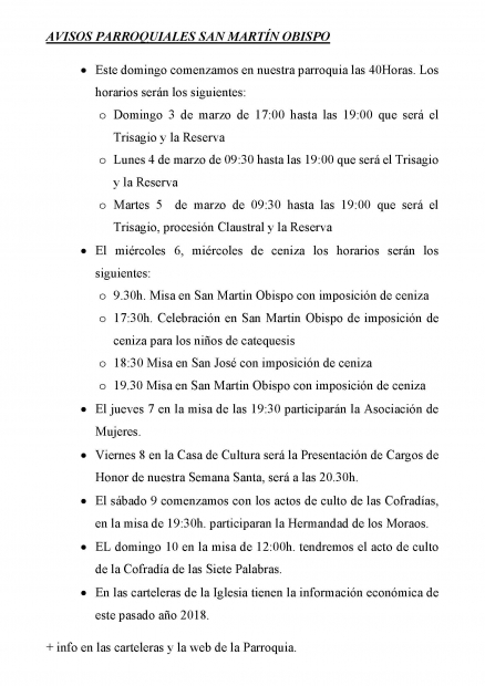 AVISOS PARROQUIALES 4 - 10 DE MARZO