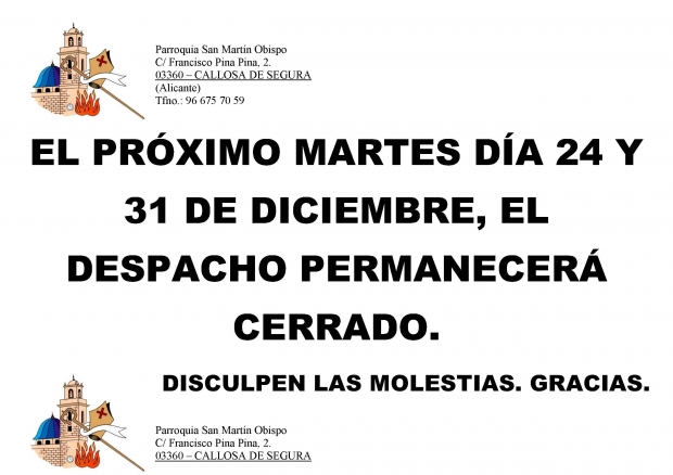 OFICINAS PARROQUIALES CERRADAS