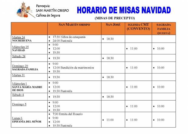 HORARIO DE MISAS NAVIDAD 2019-2020