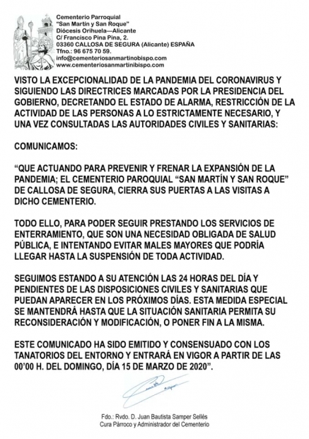 Cerramos el Cementerio Parroquial por la dura crisis sanitaria 