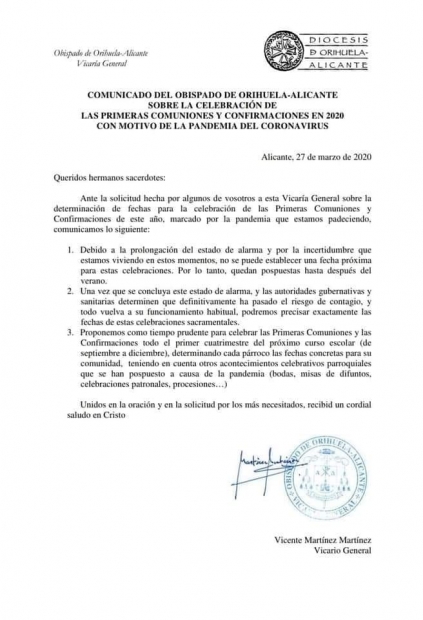 Comunicado de atraso de Comuniones y Confirmaciones