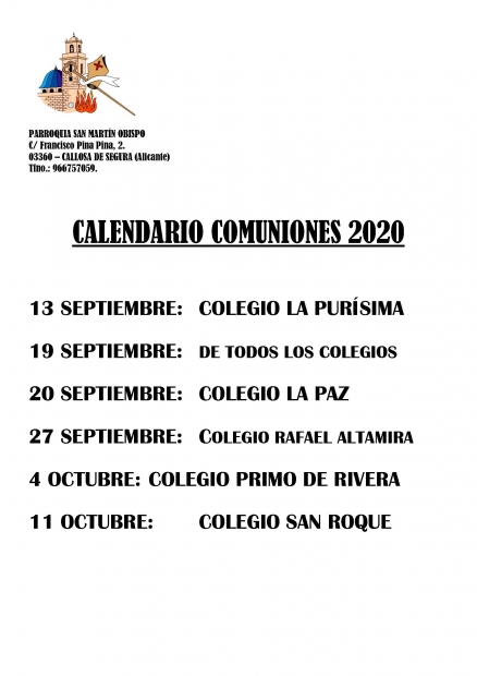 Fechas Comuniones 2020