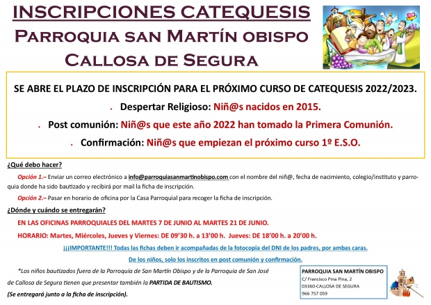 INSCRIPCIONES CATEQUESIS CURSO 2022/2023