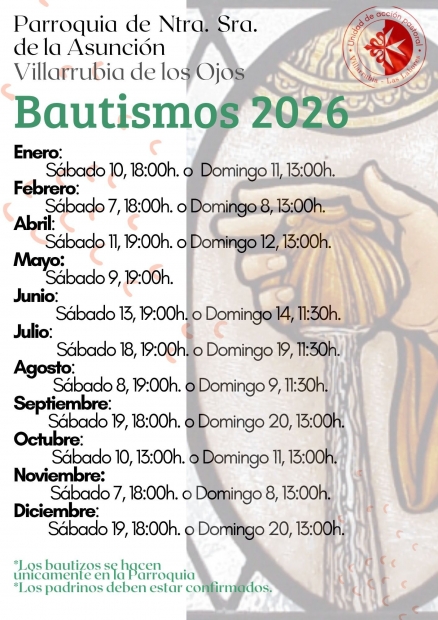 CALENDARIO BAUTISMOS 2026