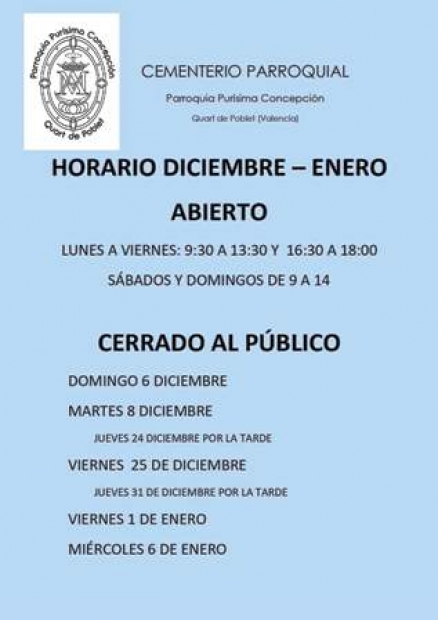 CEMENTERI PARROQUIAL: HORARIS DE NADAL