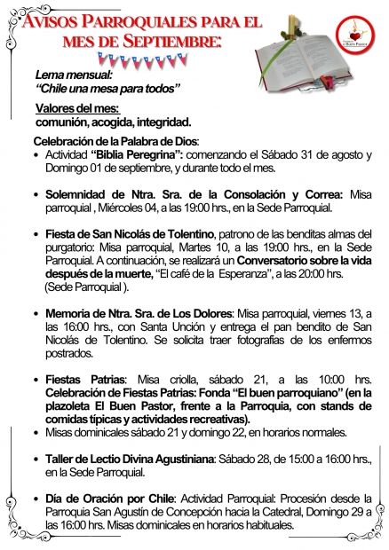 Avisos Parroquiales para el mes de Septiembre:
